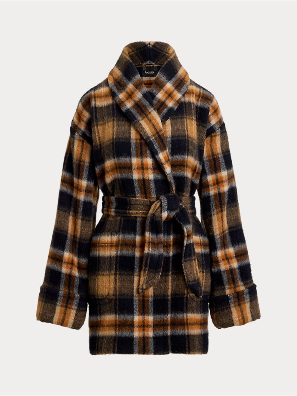 Lauren Ralph Lauren Plaid Wool-Blend Shawl-Collar Wrap Coat